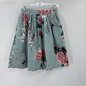 Sage Green Floral Pleated A-Line Skirt Women's Small Romantic Boho Cottagecore
